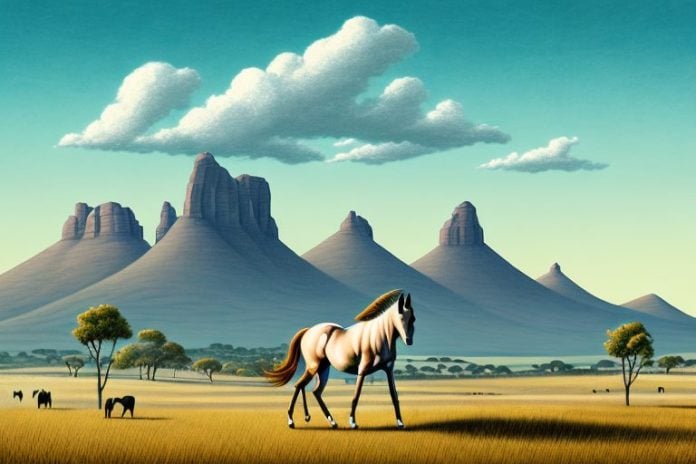 A thoroughbred horse in a rural south african landscape