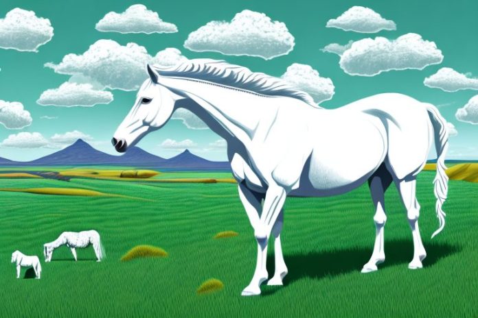 A white horse in a grassy field with the south african landscape in the background