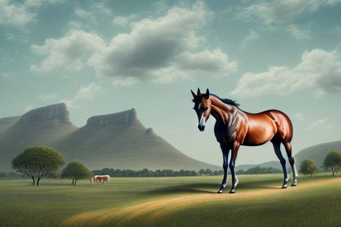 A thoroughbred horse in a rural landscape in lydenburg