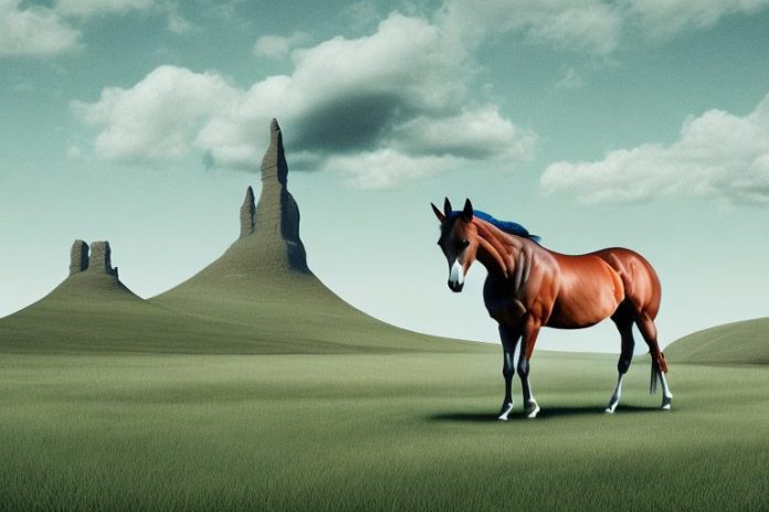A thoroughbred horse in a rural landscape in orkney