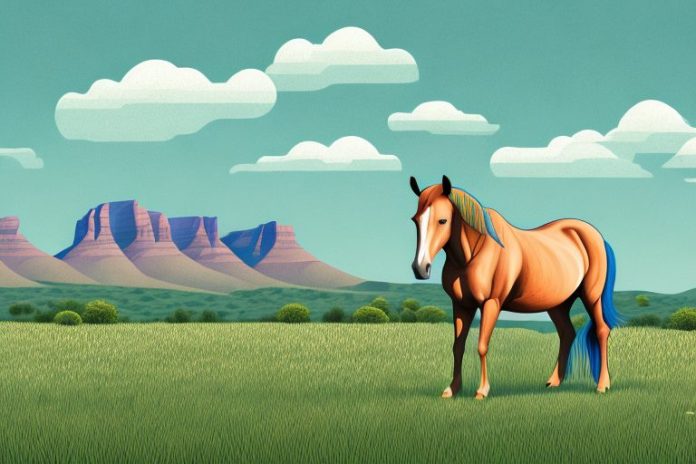 A horse in a field with a south african landscape in the background