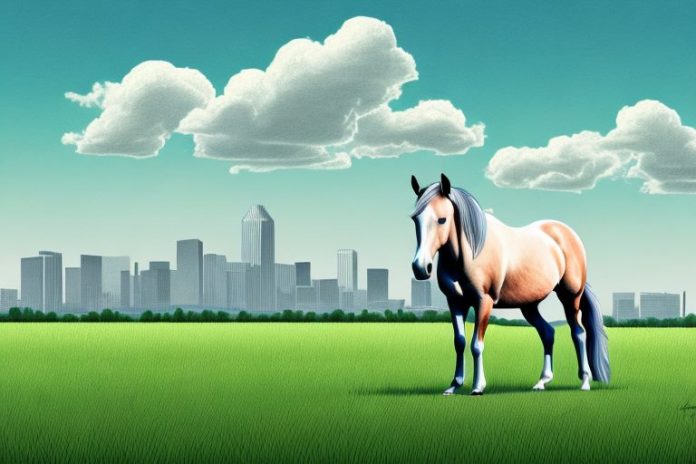 A horse in a field with the kempton park skyline in the background