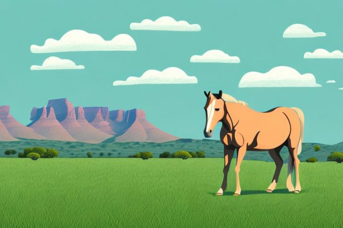 A horse in an open field with a south african landscape in the background
