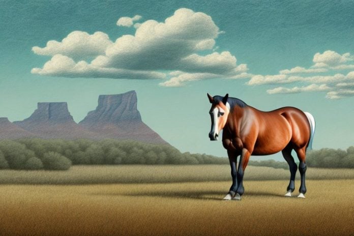 An american quarter horse in a rural south african landscape