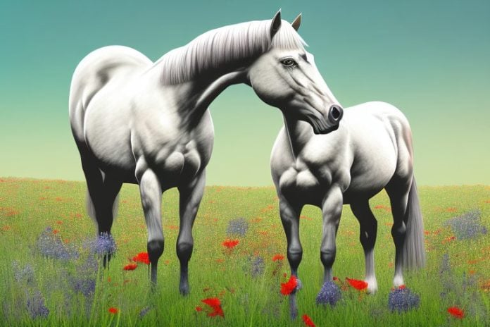 A majestic american quarter horse standing in a field of wildflowers in prieska
