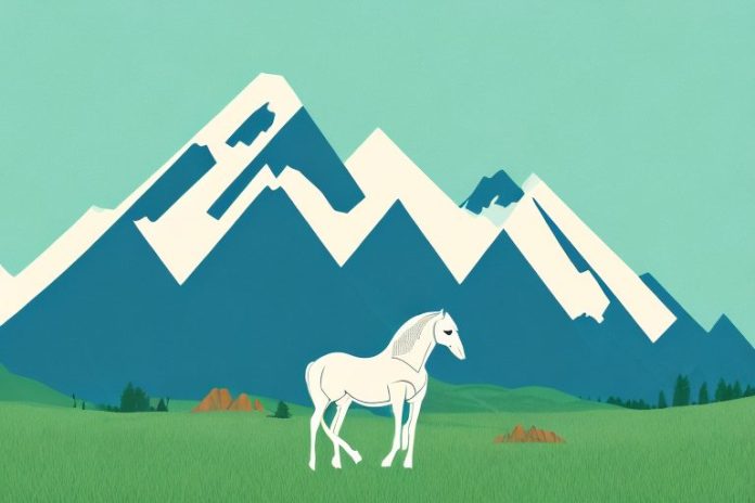 A horse in a field with a mountain in the background