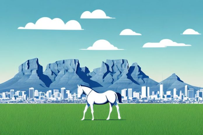 A horse in a field with a backdrop of the cape town skyline
