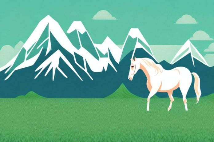 A horse in a grassy field with a mountain range in the background