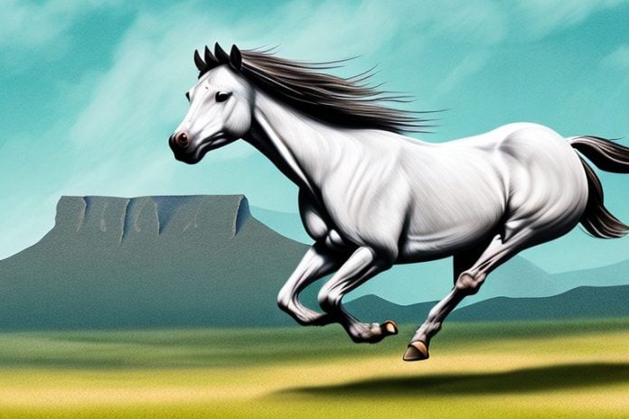 A majestic american quarter horse galloping through the countryside of mossel bay