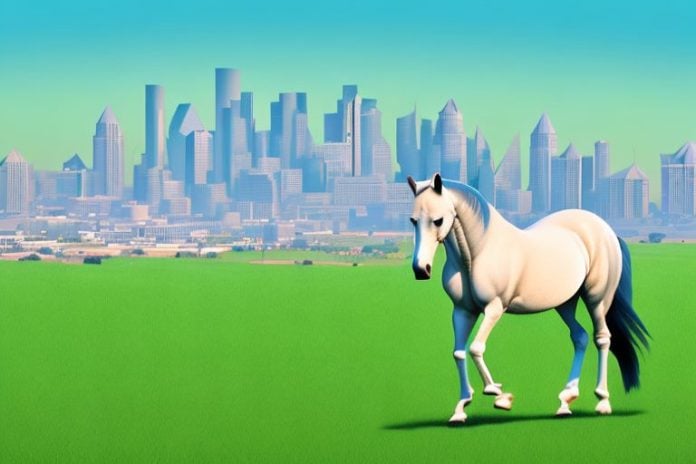 An arabian horse in a grassy field with the johannesburg skyline in the background