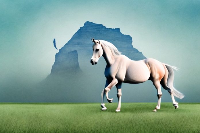 An arabian horse in a field in white river