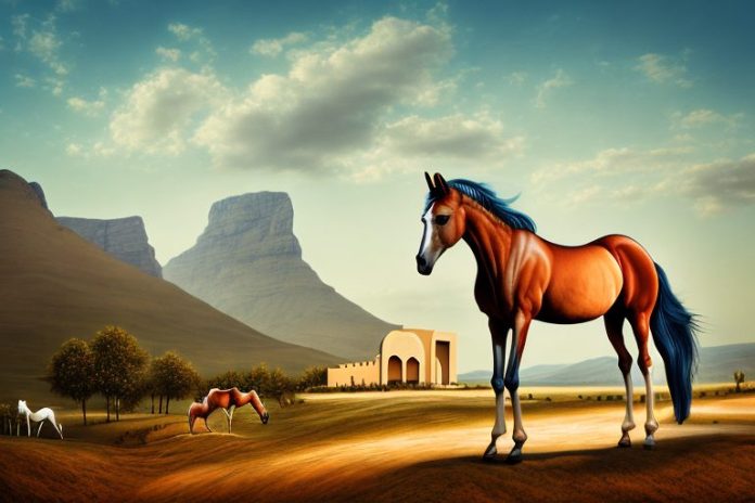 An arabian horse in a rural landscape