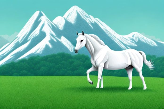 A thoroughbred horse in a grassy field with a mountain range in the background