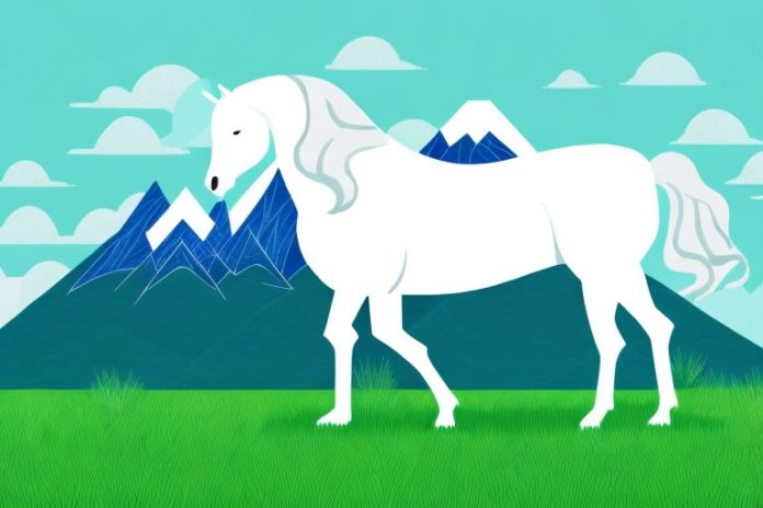 A white horse in a grassy field with a mountain range in the background