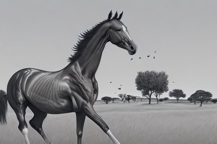 A thoroughbred horse in a rural landscape in upington