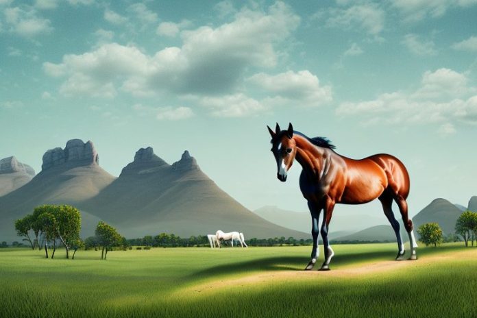 A thoroughbred horse in a rural landscape in stellenbosch