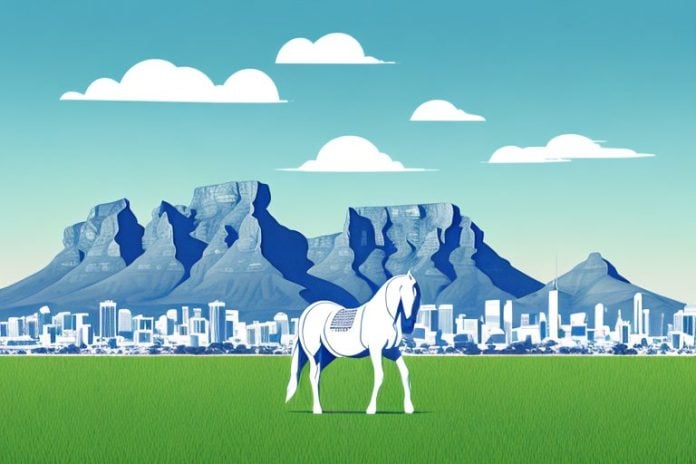 A horse in a field with the backdrop of the cape town skyline