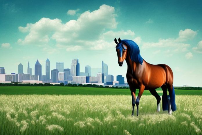A morgan horse standing in a field with the amanzimtoti skyline in the background