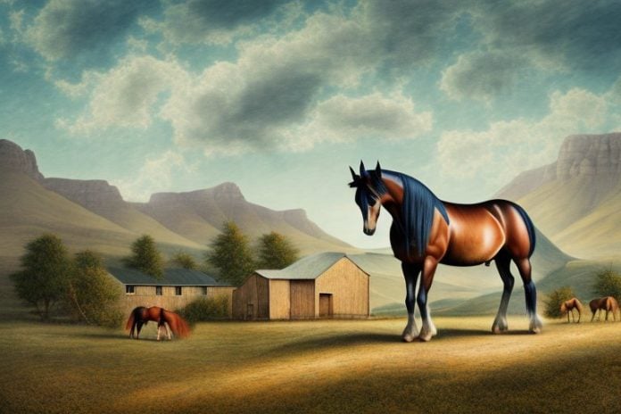 A morgan horse in a rural landscape with a postmasburg