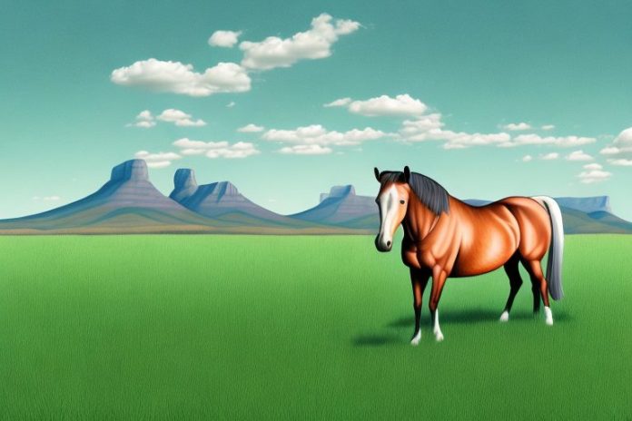 A kentucky mountain saddle horse in a grassy field in free state