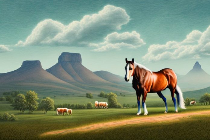 A kentucky mountain saddle horse in a rural landscape in north west