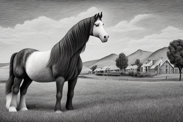 A clydesdale horse in a rural setting in king william's town