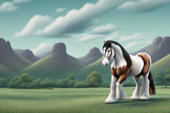 A clydesdale horse in a scenic landscape in hartbeespoort