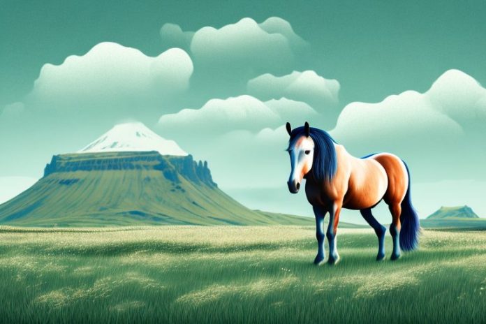 A horse in a field with the icelandic landscape in the background
