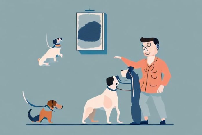 A dog being taken care of by a pet sitter in a rural setting