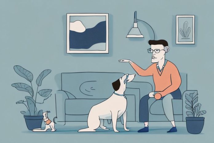 A dog being looked after by a pet sitter in a rural setting