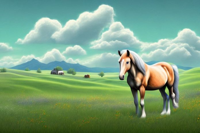 A horse in a meadow with a hazyview landscape in the background