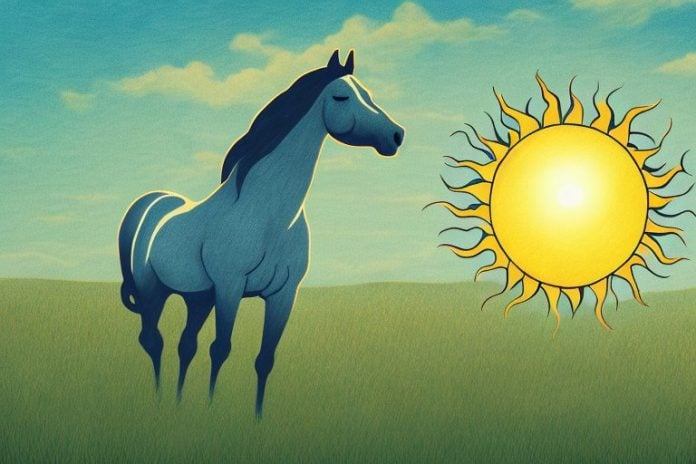 A horse in a field with a sun setting in the background