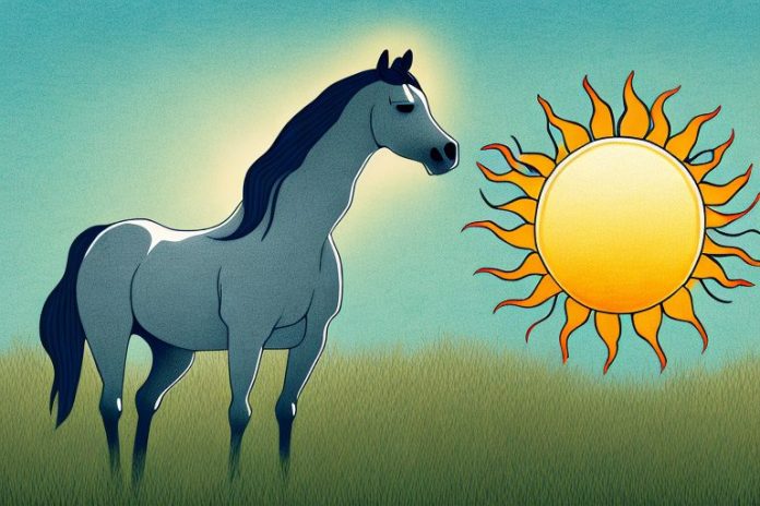 A horse in a field with a sun setting in the background