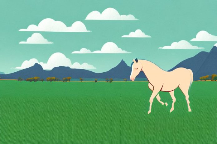 A horse in a grassy field with the knysna landscape in the background