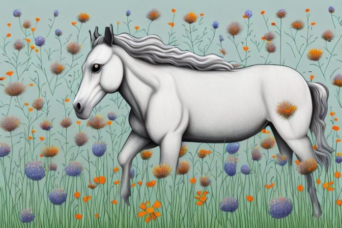 A horse in a field of wildflowers in hermanus