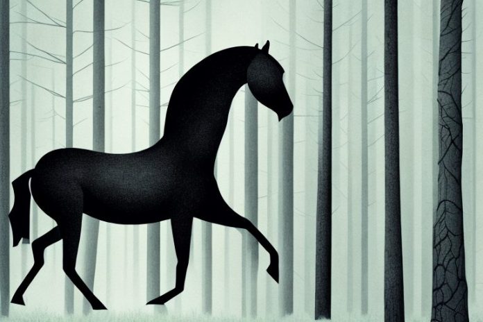 A black horse in a forest setting