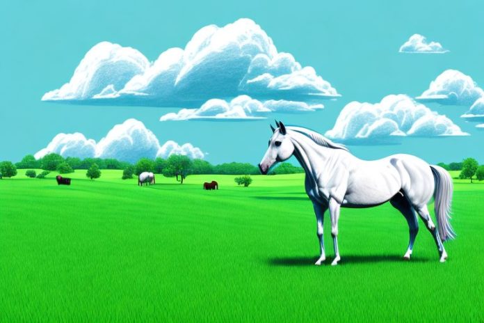 A horse in a lush green pasture with a blue sky above