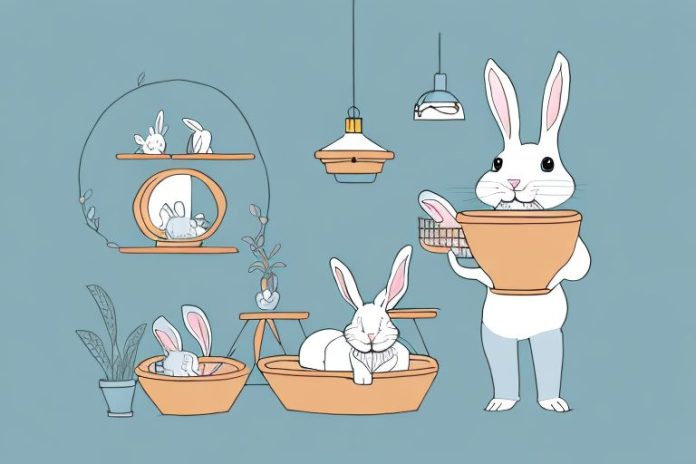 A rabbit in a home setting with a pet bed