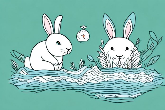 A white rabbit sitting in a river surrounded by nature