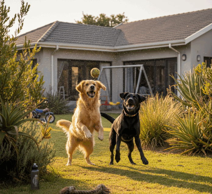 2 dogs playing in a garden