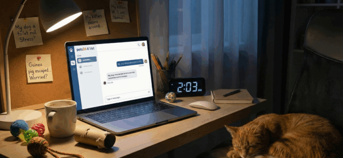Laptop open to an AI vet chat at 2:03 AM on a cozy desk, with pet-themed sticky notes and a sleeping orange cat beside a coffee mug and toys.