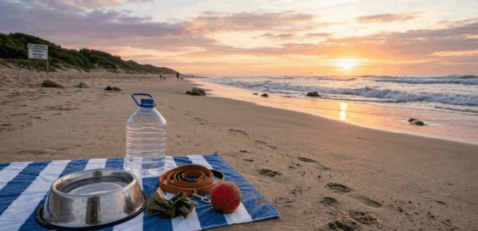 towel on the beach with fresh water, harness and a ball